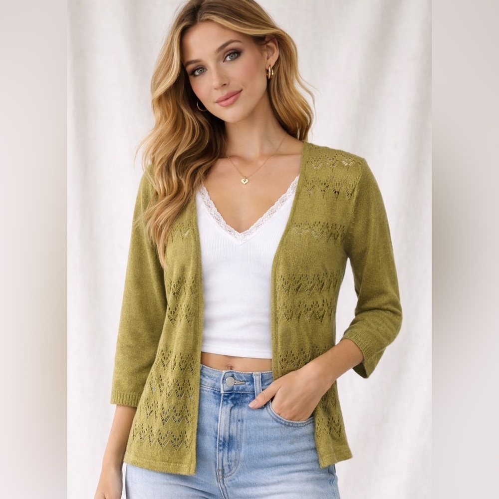 Sino Kelly Green Crochet Wool Cardigan Sweater Size 12 Boho Open Knit coquette